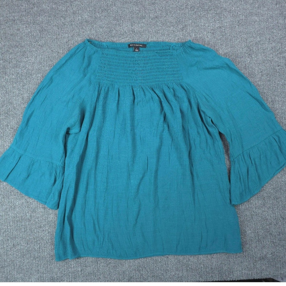 Zac & Rachel Blouse Womens Large Blue Smocked Bell Sleeve‎ Boho Peasant Top